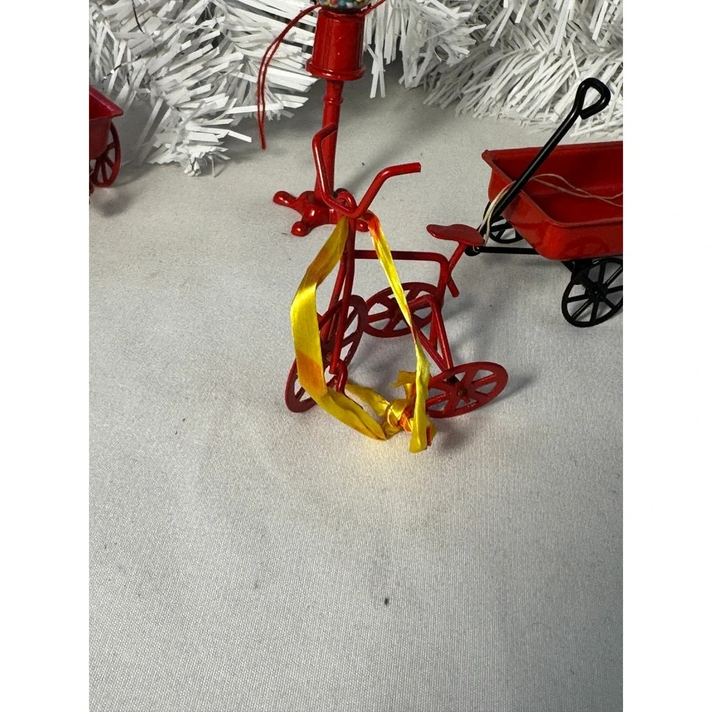 Miniature Toy Ornaments Red Metal Wagons Tricycle Gumball Set Vintage Retro